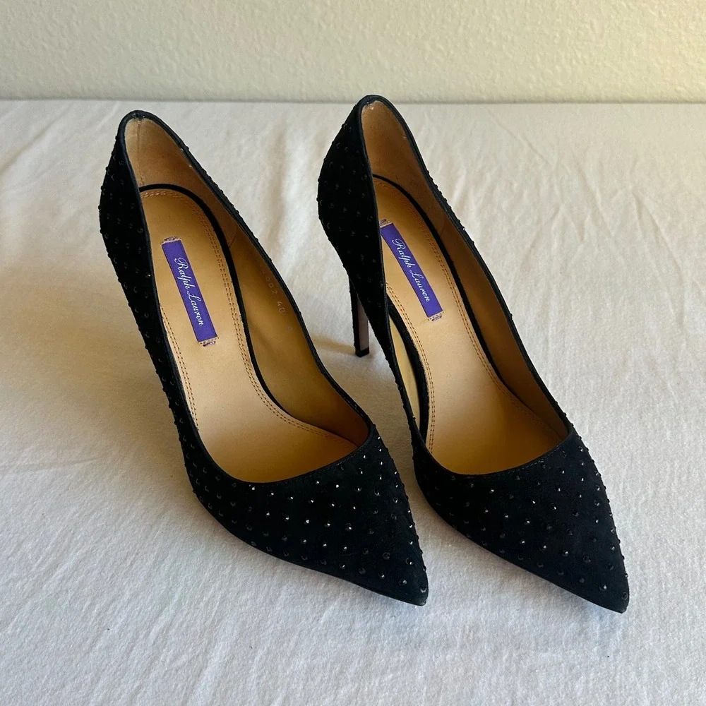 Ralph Lauren Purple Label Celia Black Suede Crystal Heel EU 40 Made in Italy New